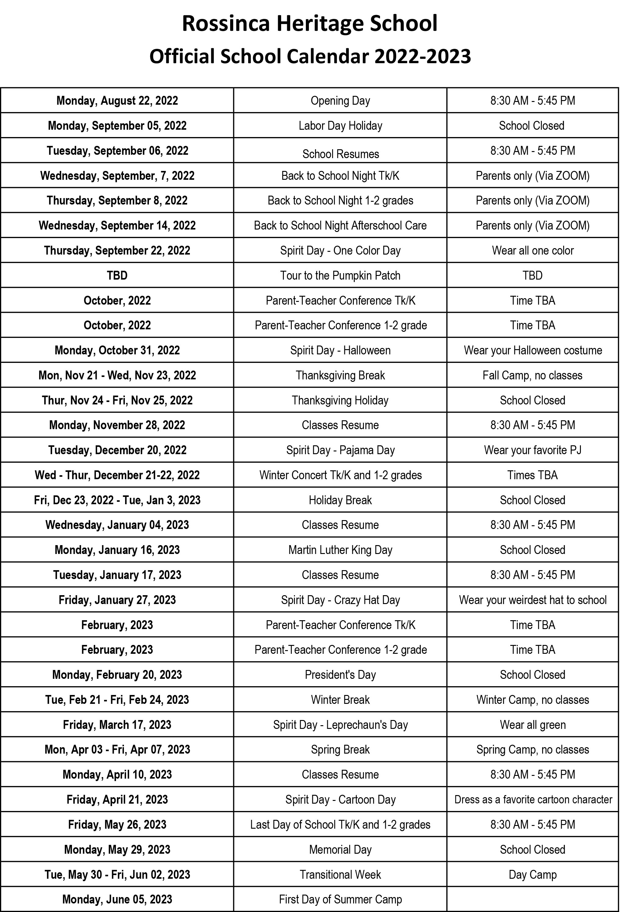 Rossinca Heritage School Calendar